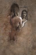 Beautiful, vintage drawing with the woman, near the mirror, clipart