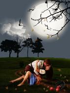 romantic image of a couple in love kissing on an agricultural field against the background of the night sky