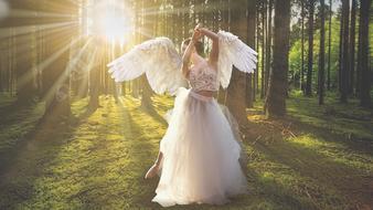 dancer in a white dress with wings in the forest