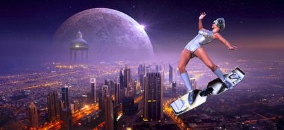 fantasy, girl on board in flight over city
