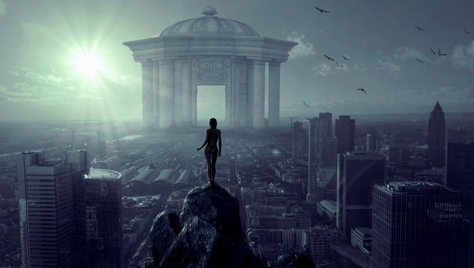 silhouette of a woman on the city background
