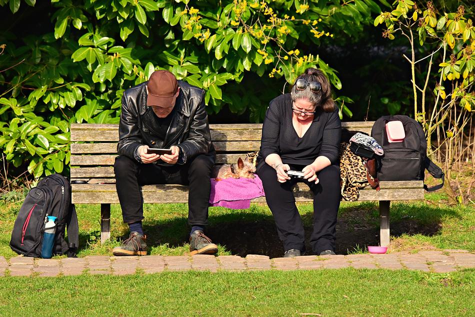 man and woman with backpacks on a bench on a sunny day