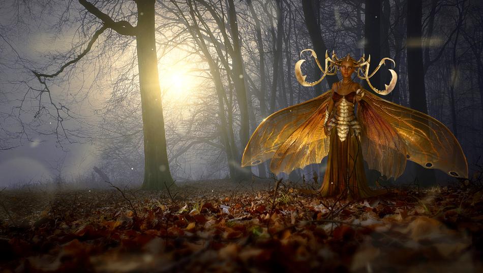 girl in golden moth costume in fantasy forest
