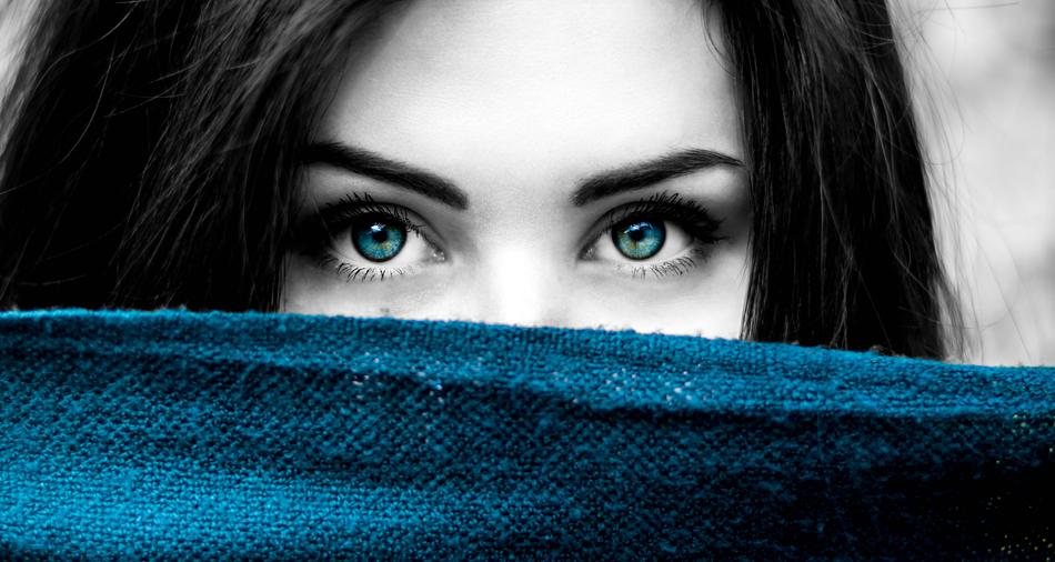 beautiful woman with blue eyes in monochrome