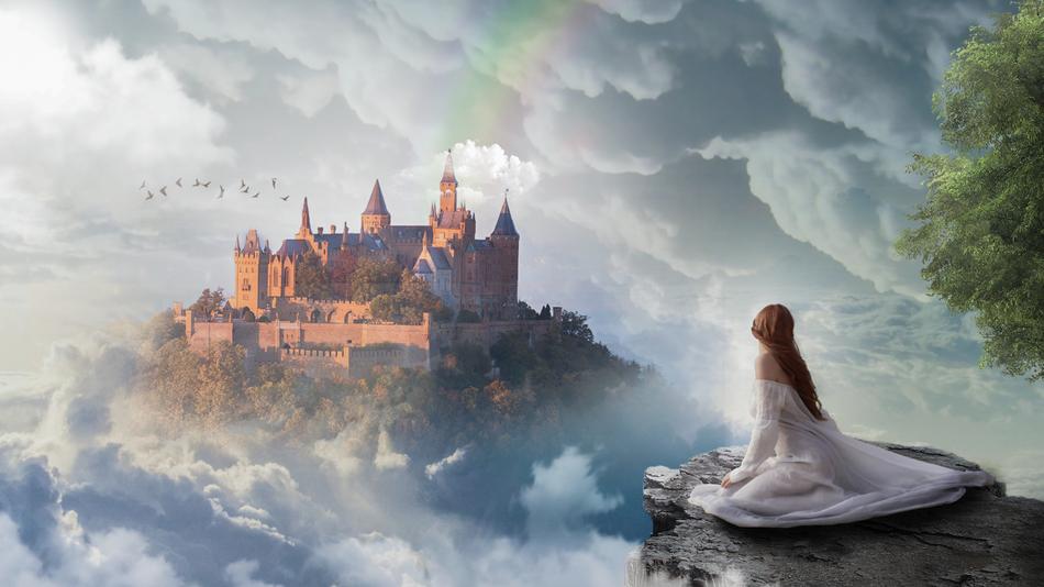 girl in white on top of a cliff in a fantasy landscape