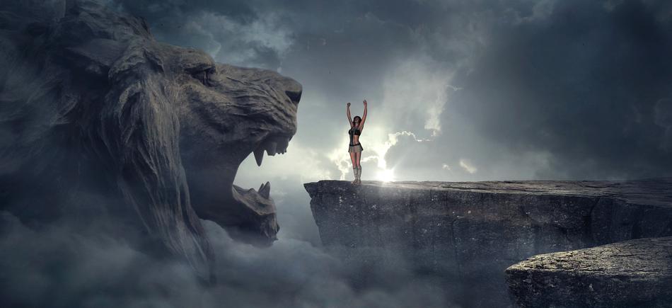 Clipart of Woman on the edge with the Big Lion