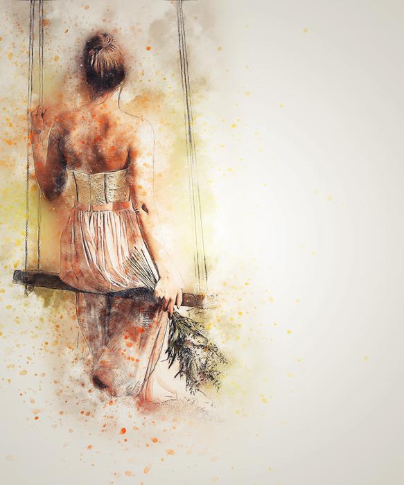 Beautiful and colorful drawing of the woman in dress, with flowers, on the swing, at white background