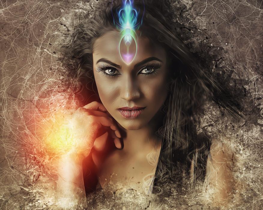 photo portrait of a beautiful model with magic symbols
