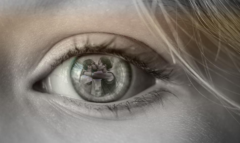 kissing Couple in girlâs eye, collage