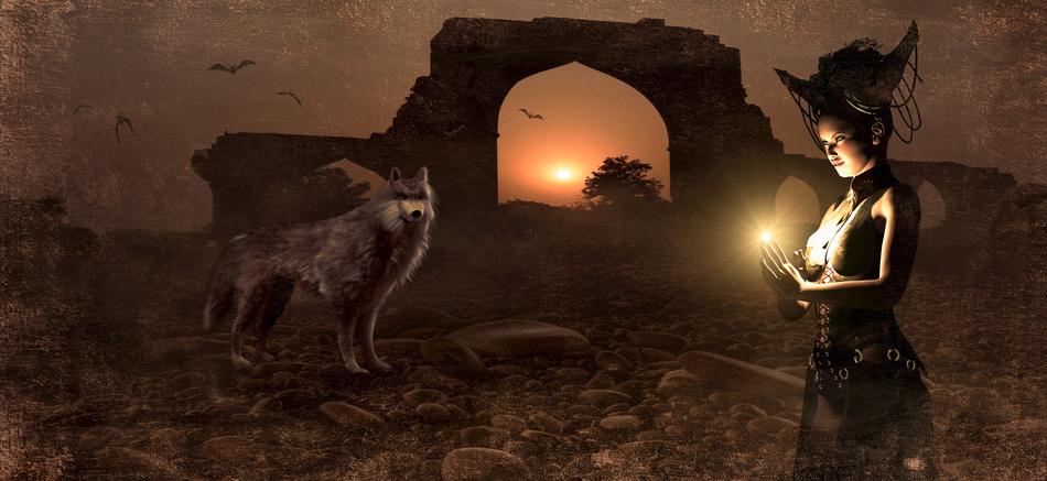 Beautiful and colorful landscape with the woman with light and wolf, near the archway