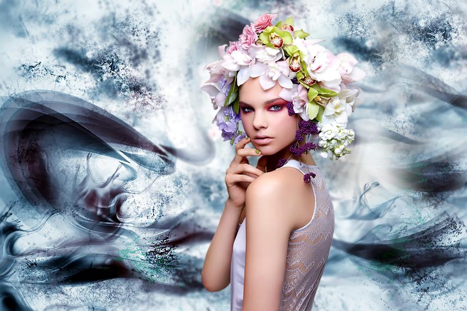 Beautiful and colorful landscape with the woman