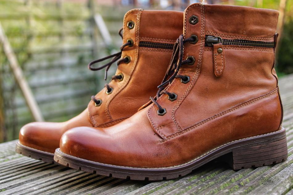 Winter leather shoes on blurred background