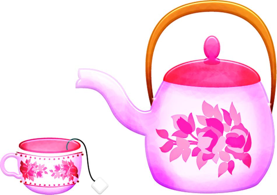 pink tea set on white background