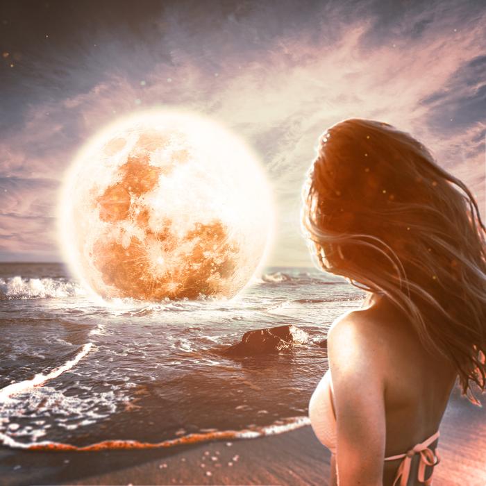 Back view of the beautiful woman with waving hair, on the beach, and bright Moon in the water