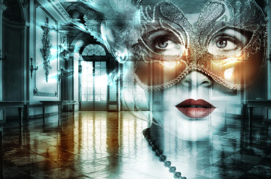 Silhouette of the beautiful woman in the carnival mask clipart