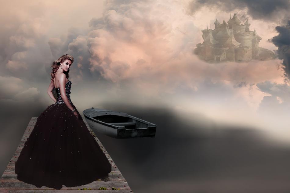 digital art, Fantasy, beautiful Woman on pier in view of Castle