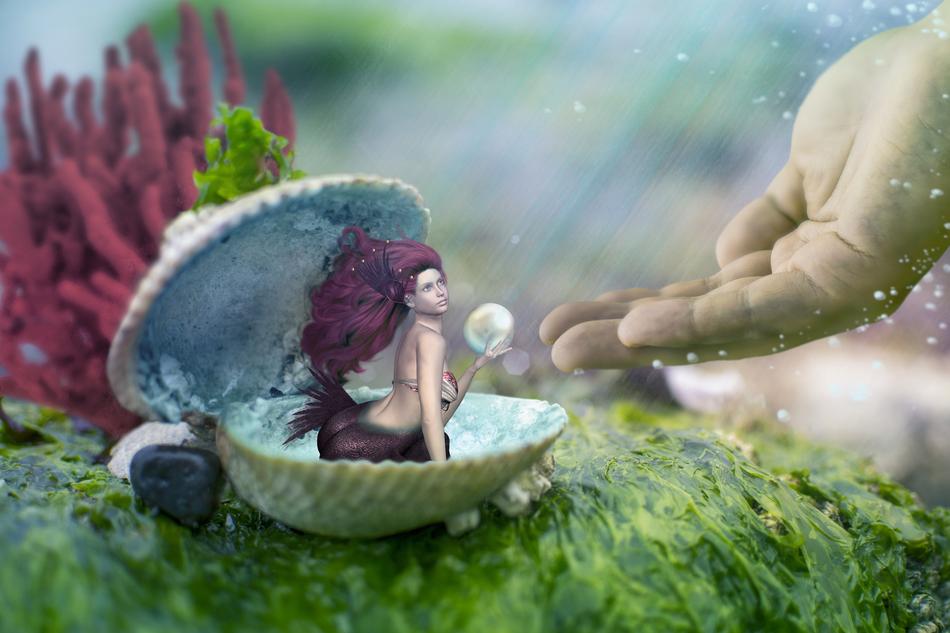 Beautiful and colorful mermaid, in the shell, among the colorful corals, near the hand, clipart