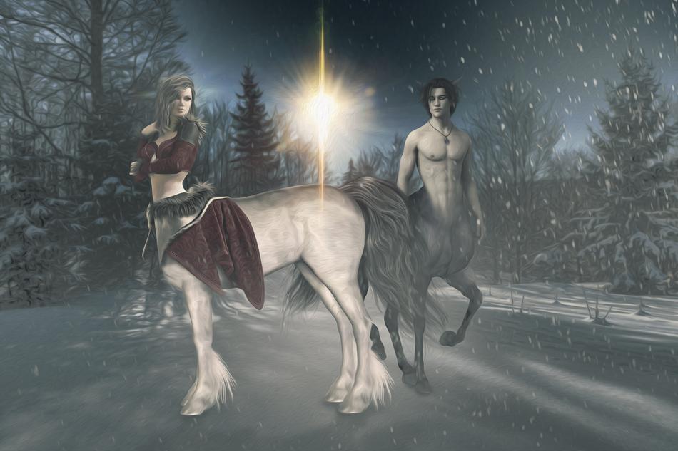 male and female centaurs in forest at winter night