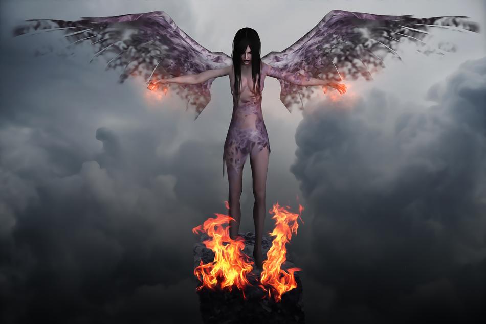 dark angel with wings on fire