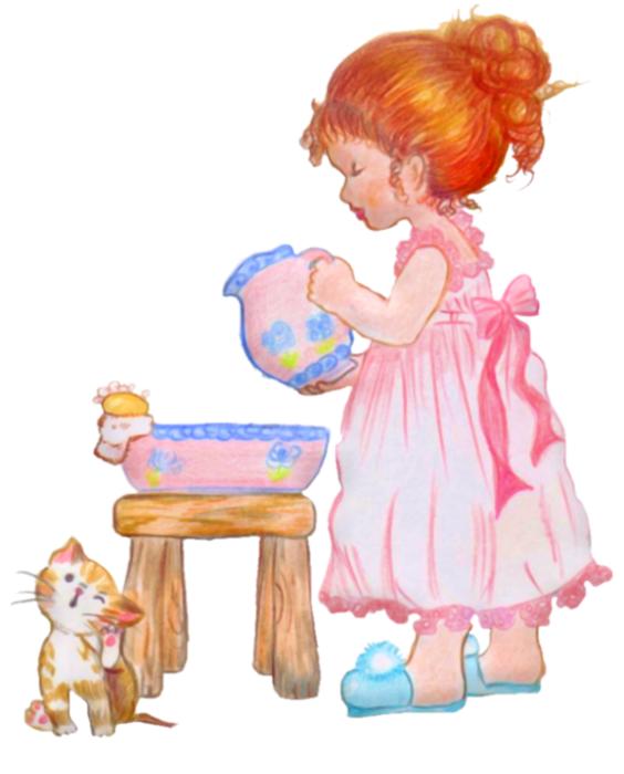 drawing of little girl vintage retro cat