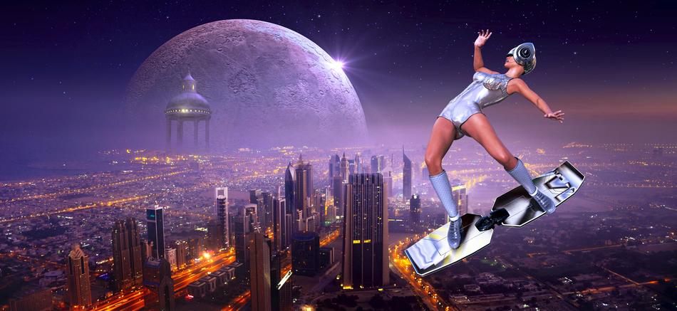 fantasy, girl on board in flight over city