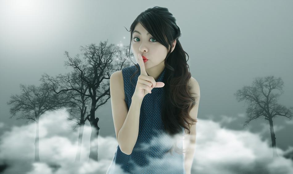 Fantasy landscape with the woman in the clouds