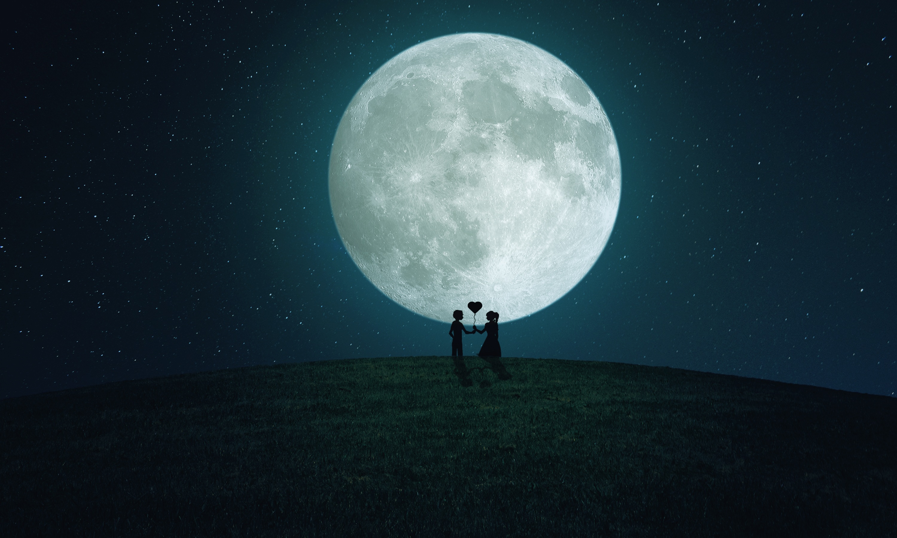 Couple In Love At Full Moon Night, Drawing Free Image Download