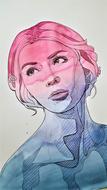 Beautiful portrait drawing of the woman in pink and blue, gradient color