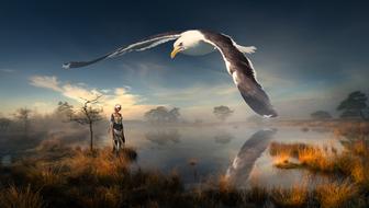 giant gull and woman on side of pond, Fantasy Landscape