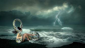 woman and giant snake on beach at storm, fantasy collage