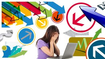 Woman in stress, near the laptop, on background with colorful arrows on clipart