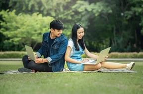 young people with laptops on a green meadow