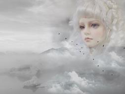 Portrait of the beautiful elf girl with white hair and birds, among the clouds and mountains