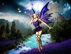 fairy with purple wings at mountain river, fantasy