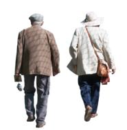 Back view of the two pensioners, walking, at white background