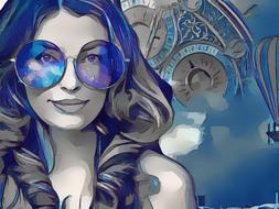 steampunk girl in round blue goggles, drawing