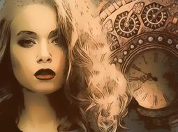 digital portrait of a blonde against a clock background