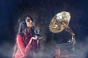 Woman with the music in the fog