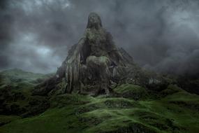 stone woman on mossy hill at dark clouds, collage