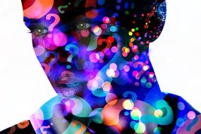colorful question marks above female silhouette, digital art