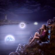 pretty Girl sits on Bench looking at lights above water, digital fantasy