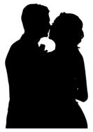 Beautiful, black silhouette of the kissing couple, at white background, on clipart