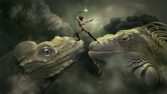 Drawing of a woman with shiny sword on the lizards