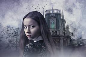 portrait of a girl on the background of the gothic palace