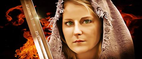woman warrior with a hood on the background of fire