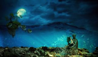 mystical image of a sculpture and a sleeve at the bottom of the sea