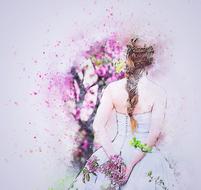 watercolor drawing of a bride near a tree