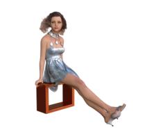 Beautiful woman in silver dress and with silver shoes, sitting on the figure, on clipart