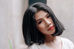 Girl black hair red lips