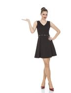 model posing in black dress